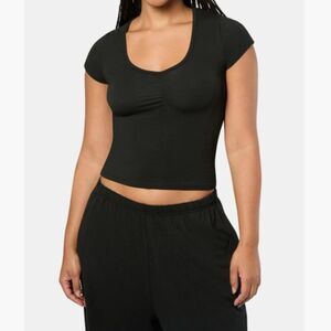 BNWT - WEWOREWHAT RUCHED COTTON JERSEY TEE BLACK - XS
